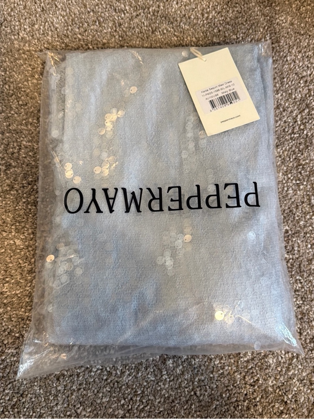 NWT Peppermayo Blue Silver Sequin Halter Backless Maxi Dress Cowl Neck Size 6 - Picture 5 of 6